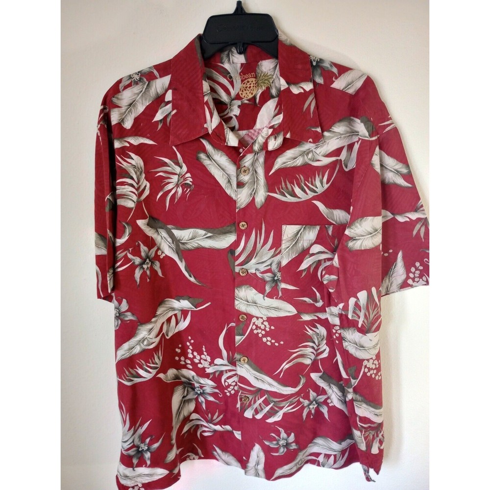 Carribean Brand Men's XL Red Floral Print 100% Silk Hawaiin Casual Shirt